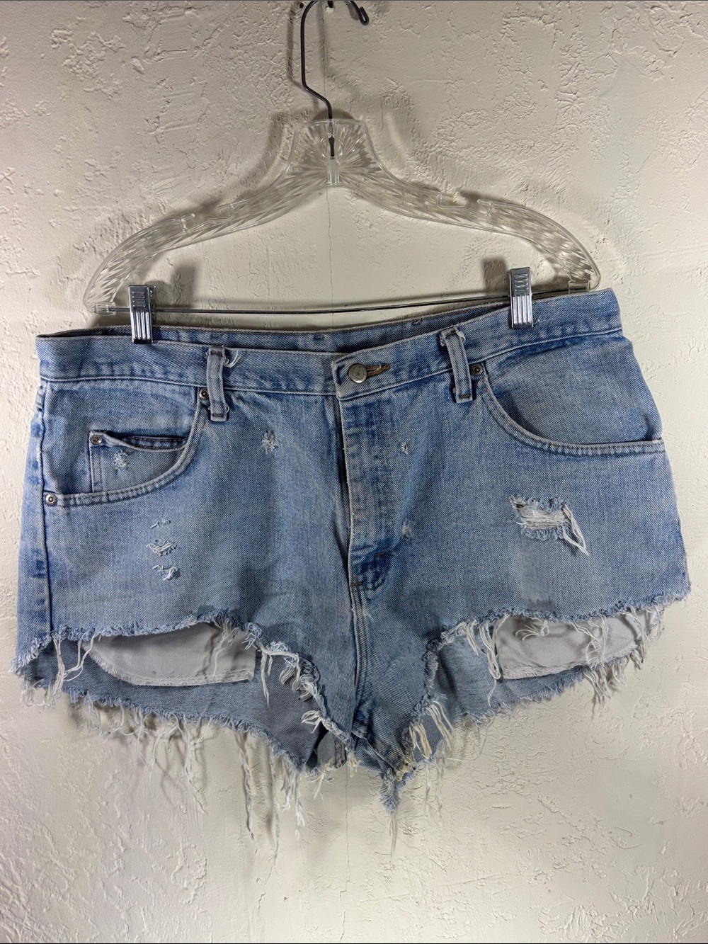 Wrangler Light Blue Distressed “Big Mama Daisy Dukes”Denim Cutoff Shorts